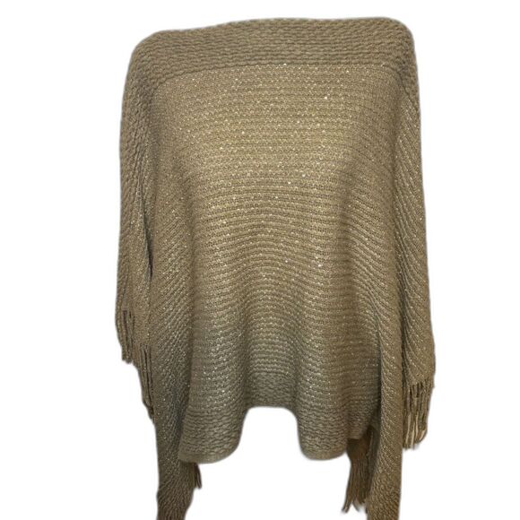 Ruana Style Tan Thick Knit Womens Wrap Hem Sweater Fringe Poncho Scoop Neck - Picture 5 of 6